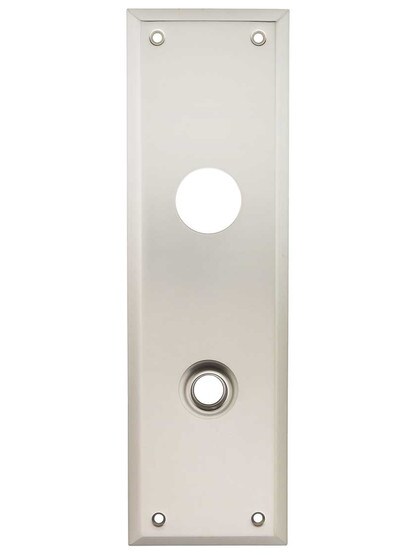Large Stamped-Brass New York Exterior Back Plate with Cylinder Hole in Satin Nickel.
